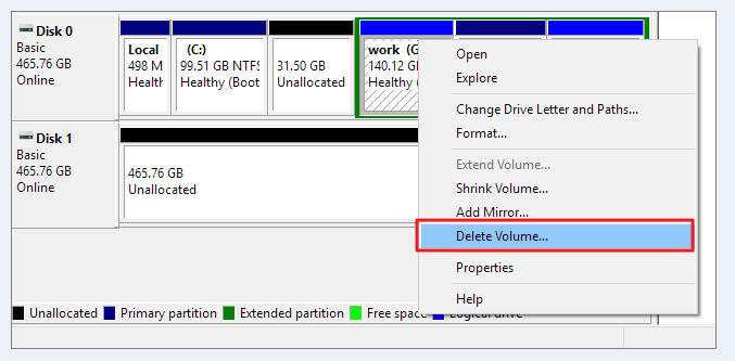 delete volume with disk management