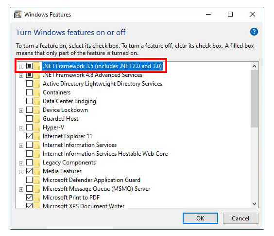 enable net framework from turn windows features on or off