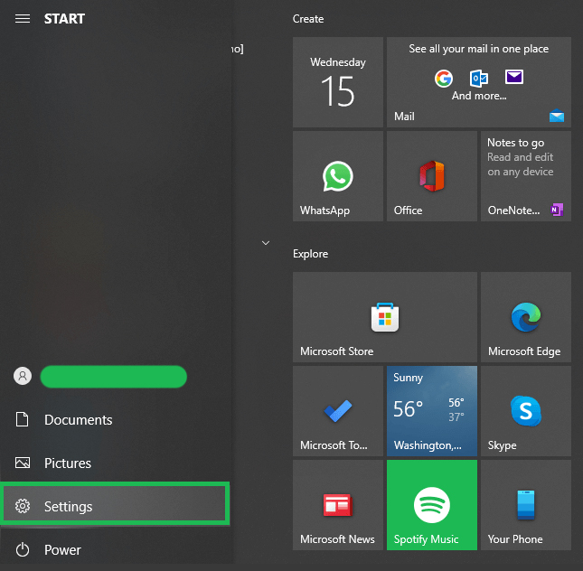 Settings option from Start menu