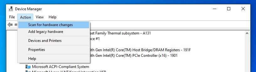 scan for new hardware changes in USB section