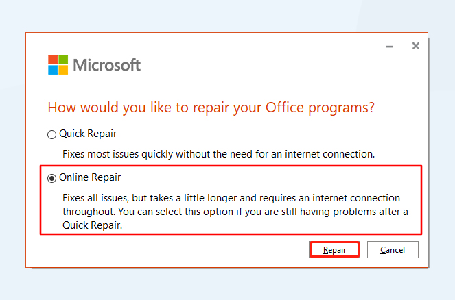 online repair on Microsoft Office