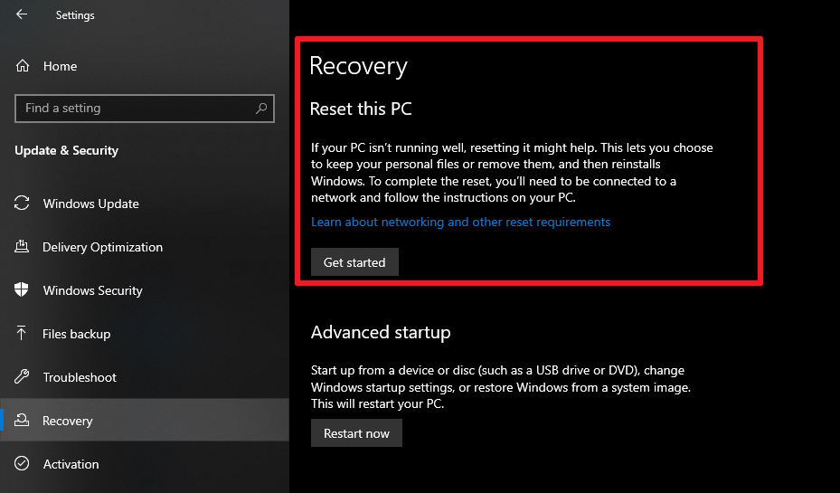 Reset this PC on Windows